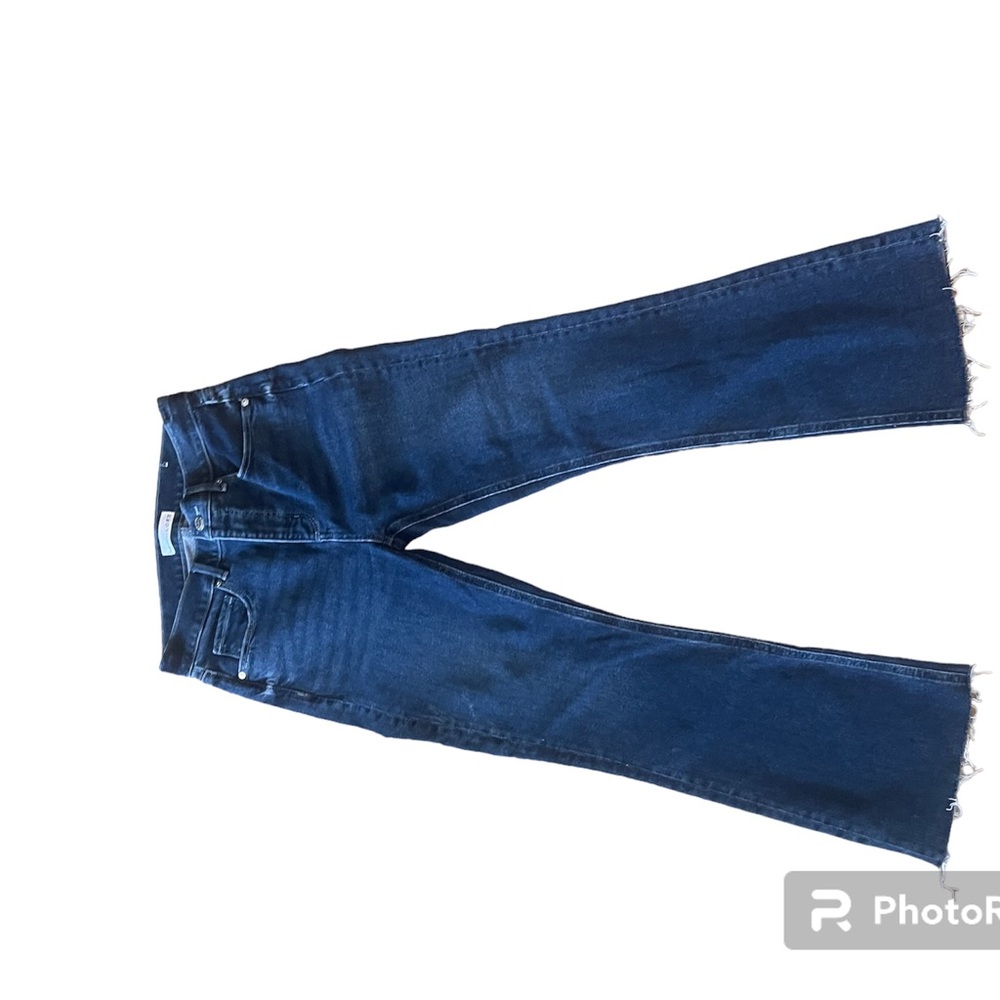 Destructed Hem High Rise Kick Crop Jeans in Clean Dark Wash - Picture 3 of 6
